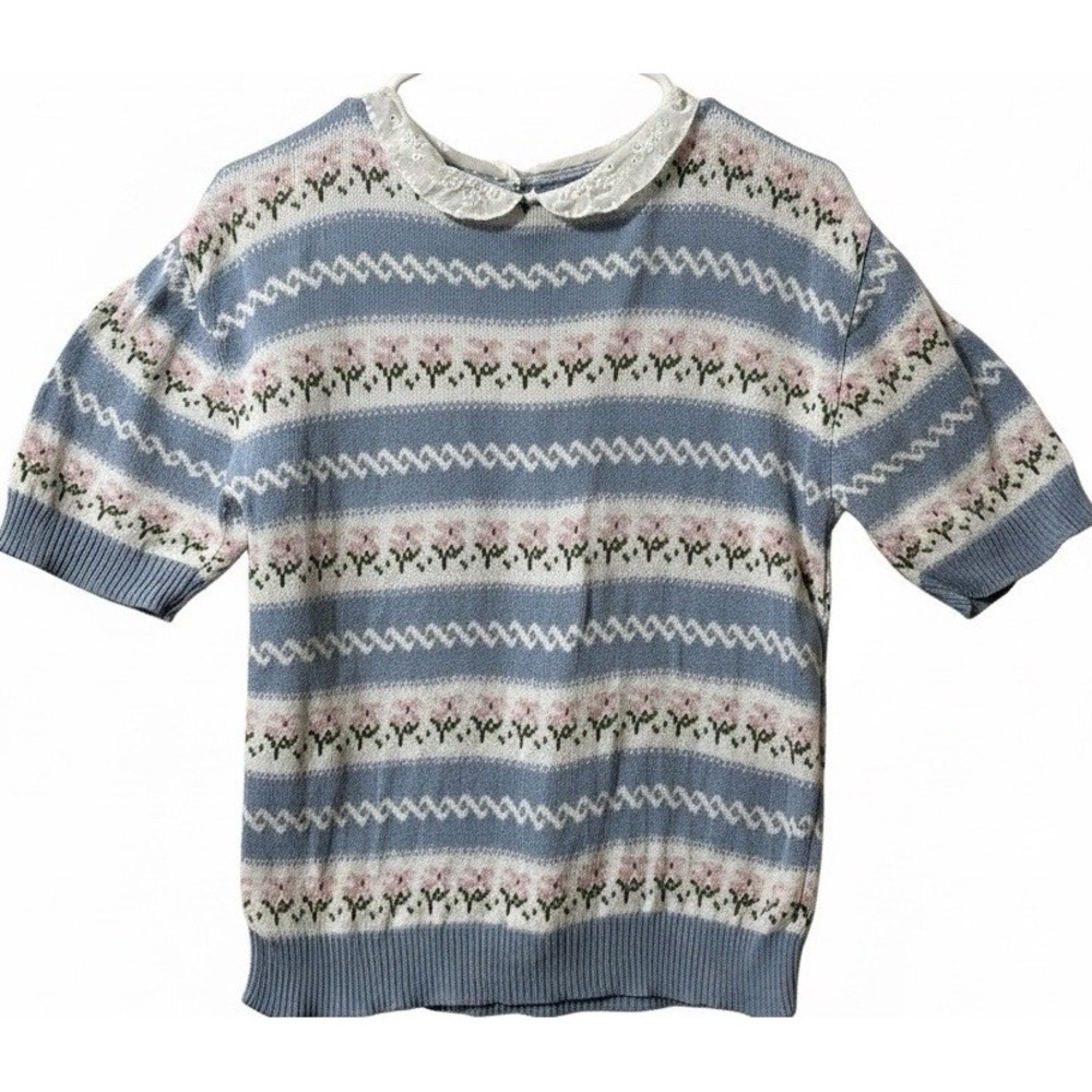 Vtg Multi Pastel Sweater Pink Floral Fair Isle Striped Lace Peter Pan Collar M